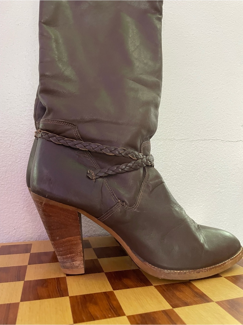 RARE Vintage 70s Dingo Leather knee-high Boots Braided Western Boho, size 6/6.5